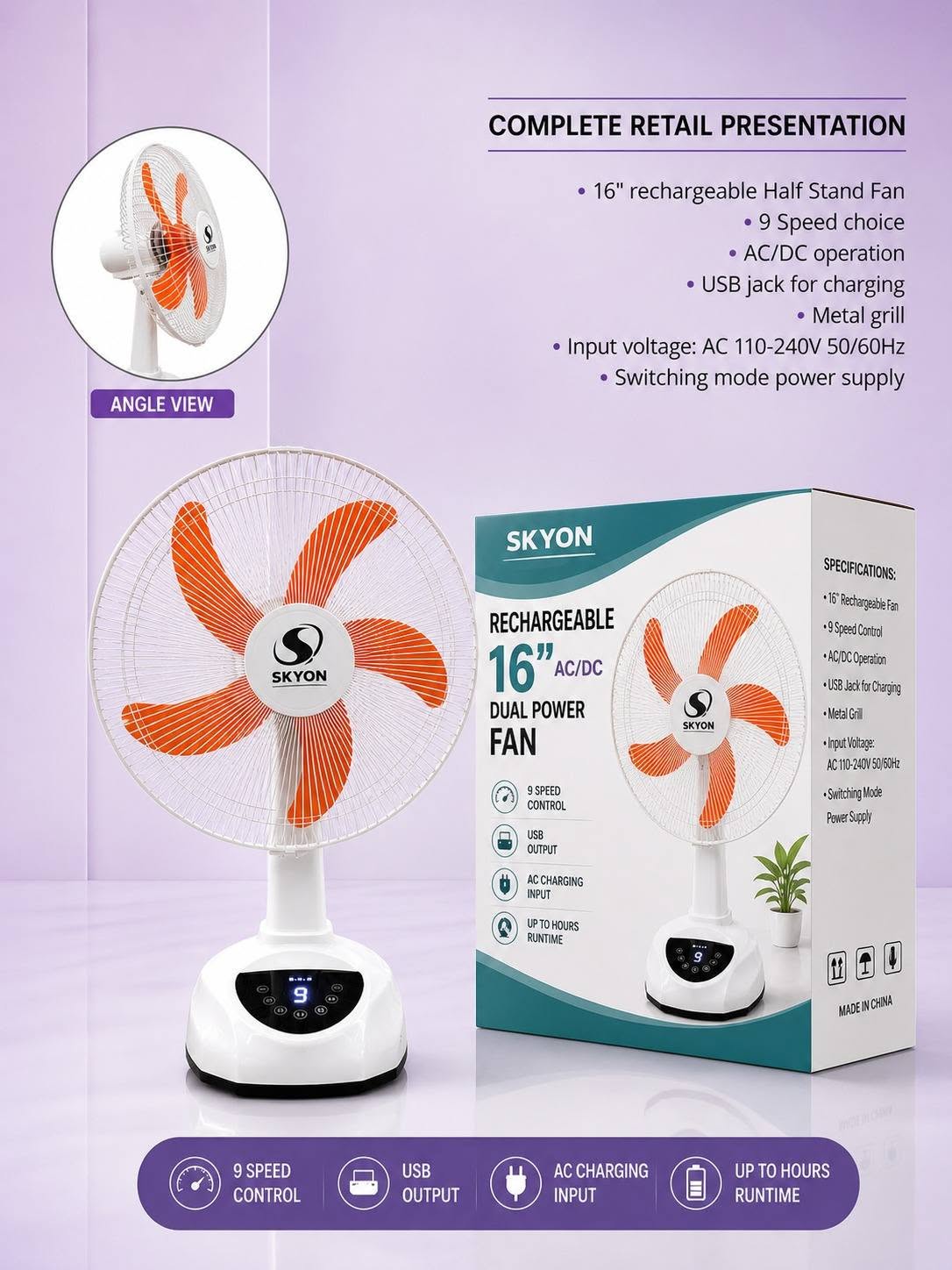Skyon 16 Inch Rechargeable Touch Fan image 3